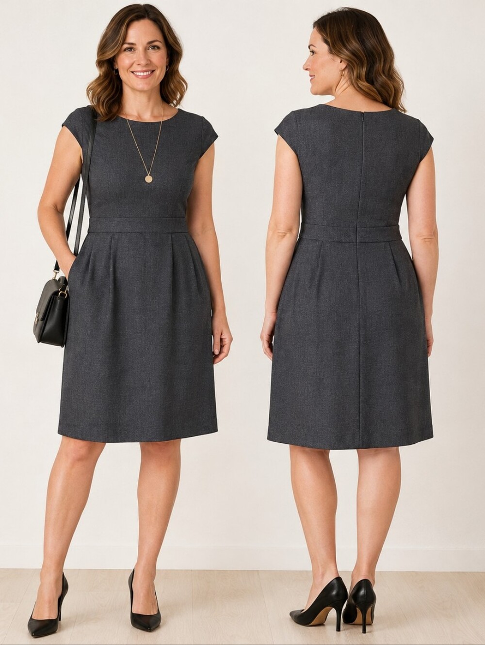 Sandra Darren Size 10 Charcoal Gray Pleated Fit & Flare Dress Workwear Classic M